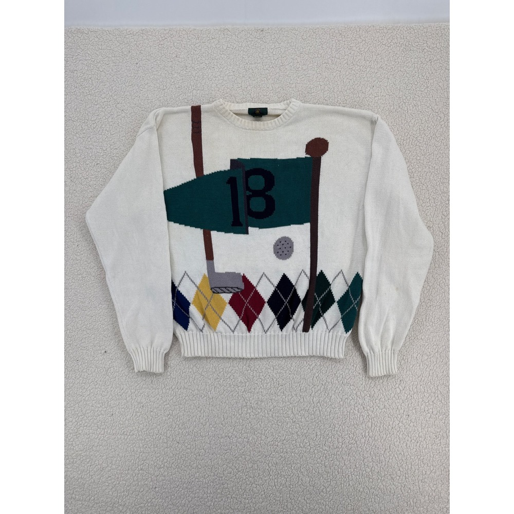 Club Room Vintage Golf Sweater Size Large 18th Hole Cotton Knit Crewneck